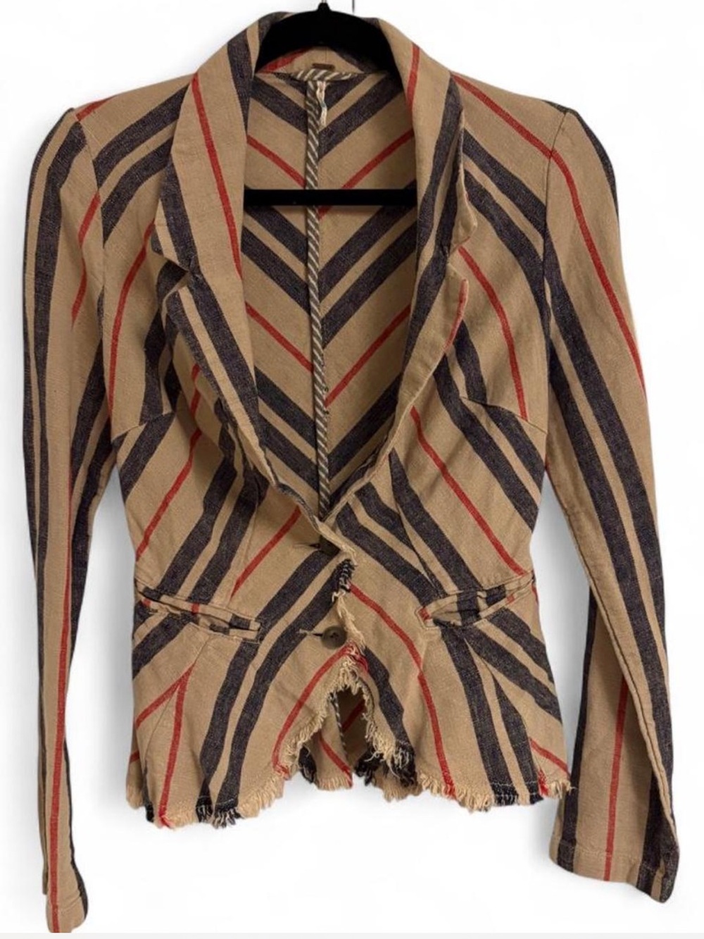 Free People Striped Tan Navy & Red Frayed Hem Blazer - Picture 1 of 4